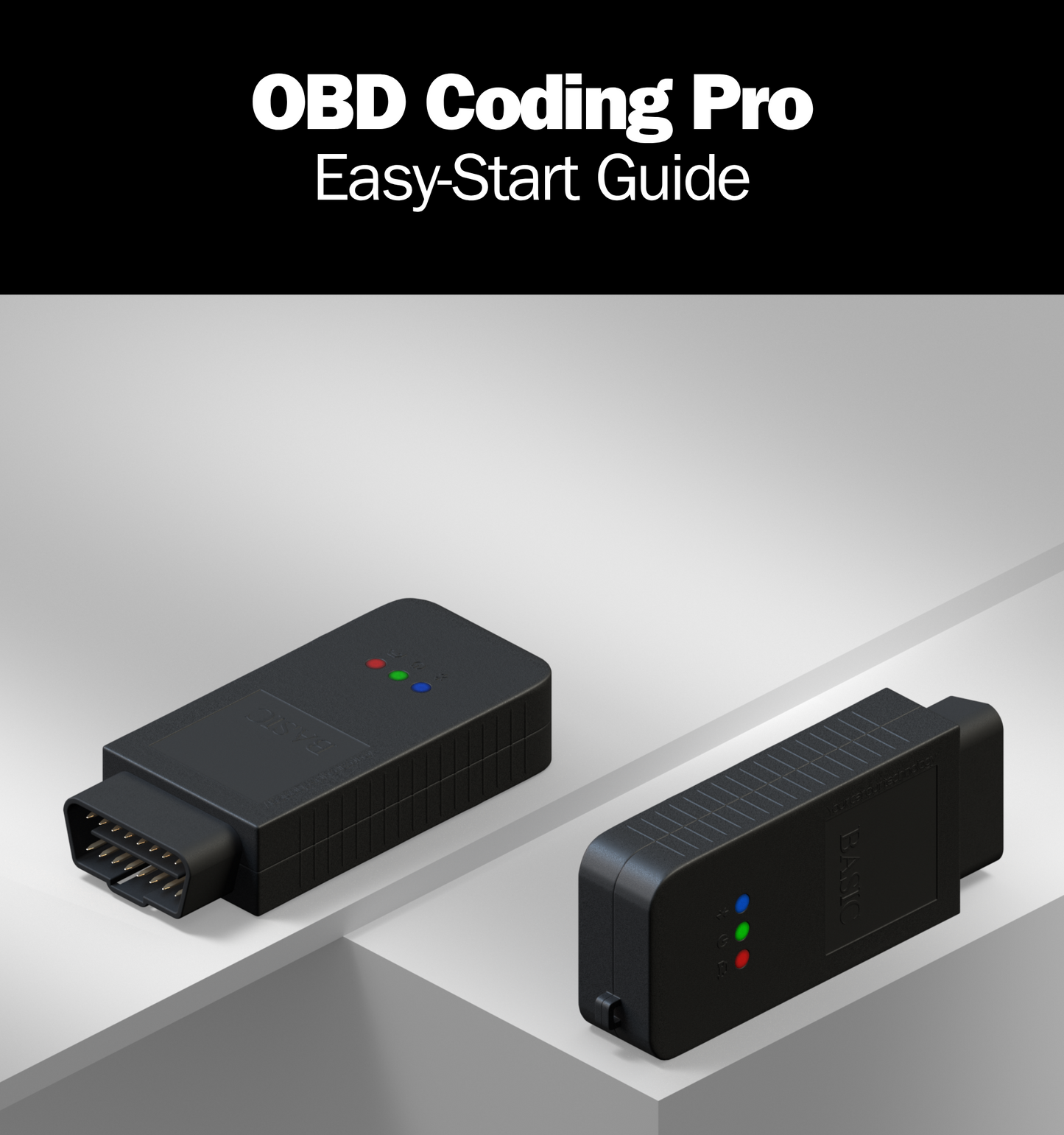 Book cover of 'OBD Coding Pro Easy-Start Guide' with two OBD devices on a gray background.